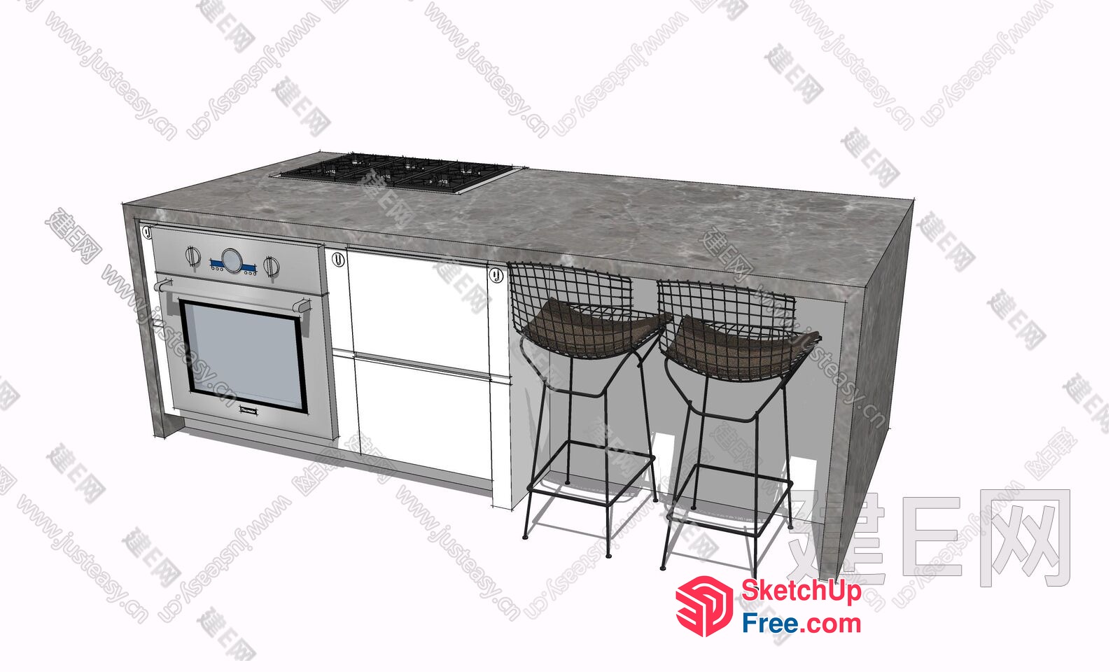 Kitchen Island With Oven And Stools 3D SketchUp File