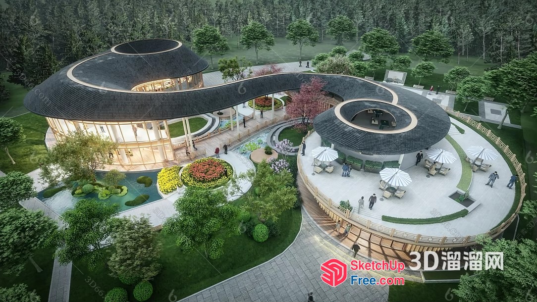 Elegant Modern Villa Exterior With Serpentine Roof 3D SketchUp File