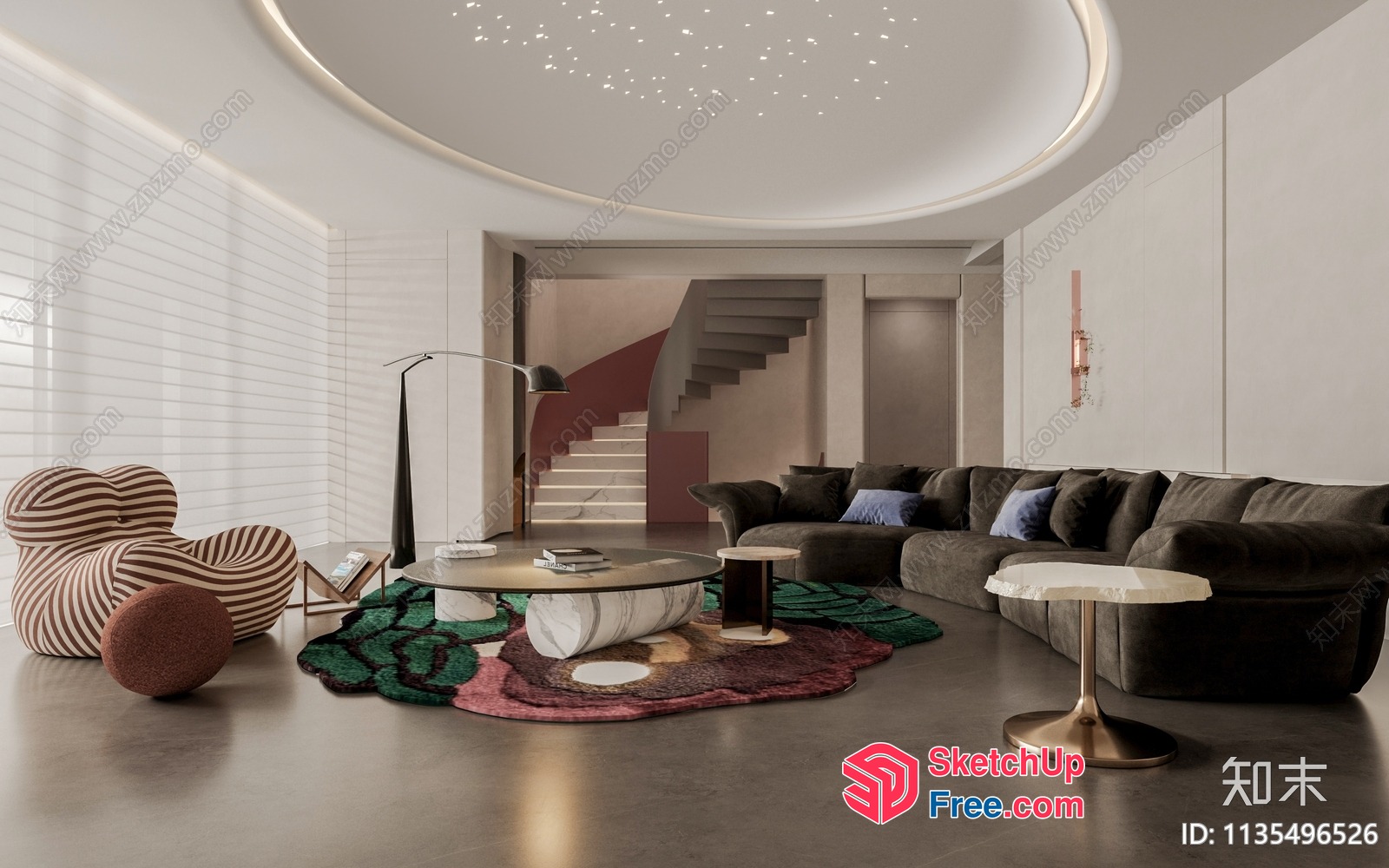 Modern Living Room With Unique Furniture And Staircase 3D SketchUp File
