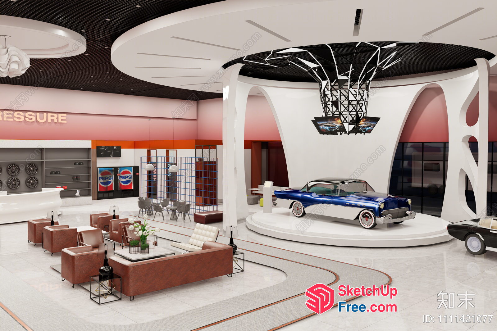 Modern Car Showroom Interior With Classic Car Display 3D SketchUp File