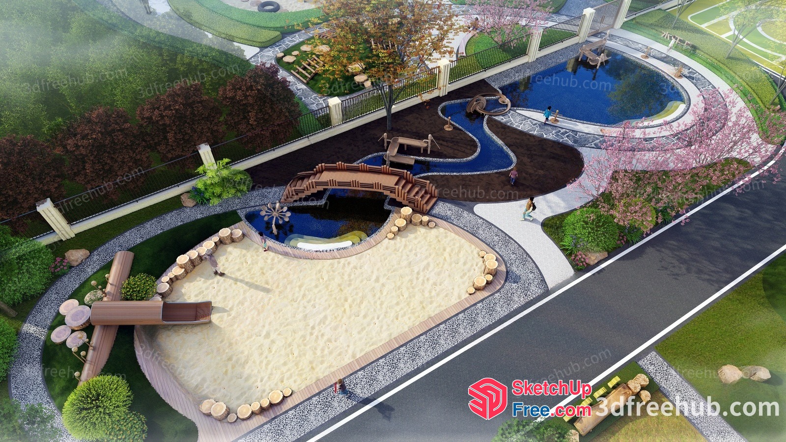 Aerial View Of A Park With A Pool And Playground 3D SketchUp File