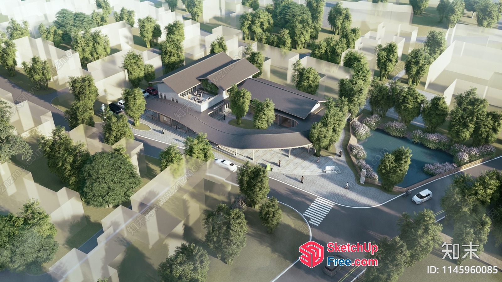 Modern Commercial Street With Park And Road 3D SketchUp File