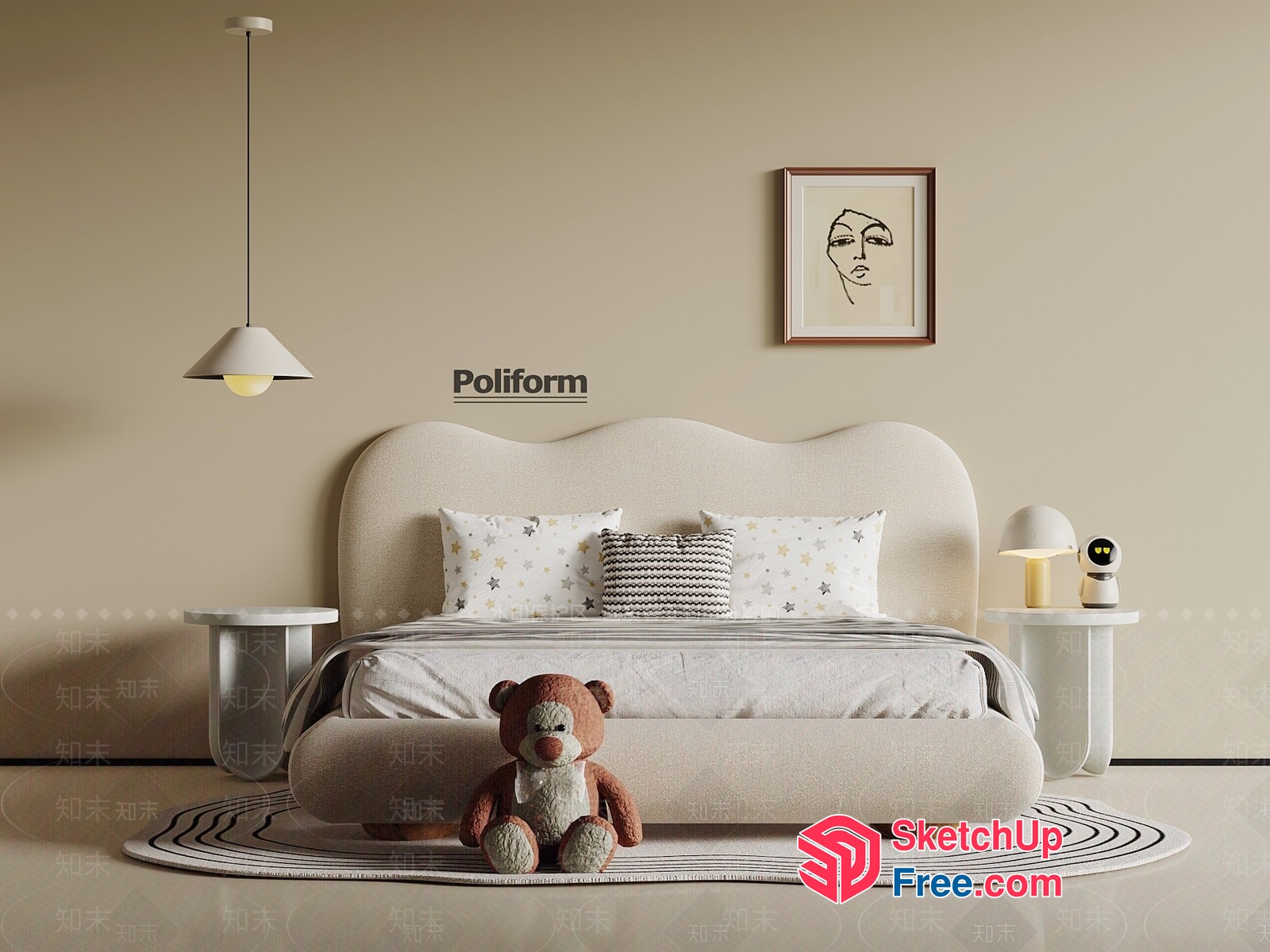 Poliform Bed With Pillows And Teddy Bear 3D SketchUp File