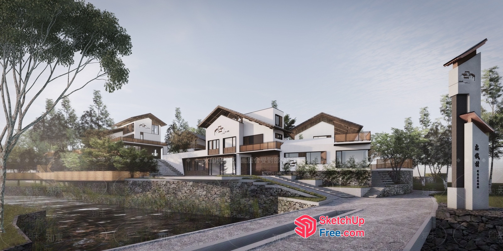 Modern Japanese-Style Villa Exterior With Natural Surroundings 3D SketchUp File