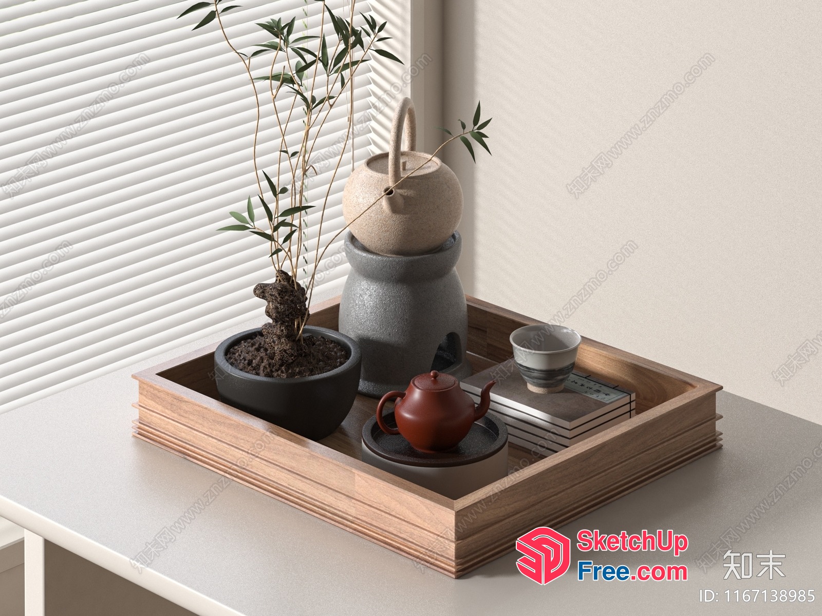 Asian-Inspired Home Decor With Tea Set And Potted Plant 3D SketchUp File