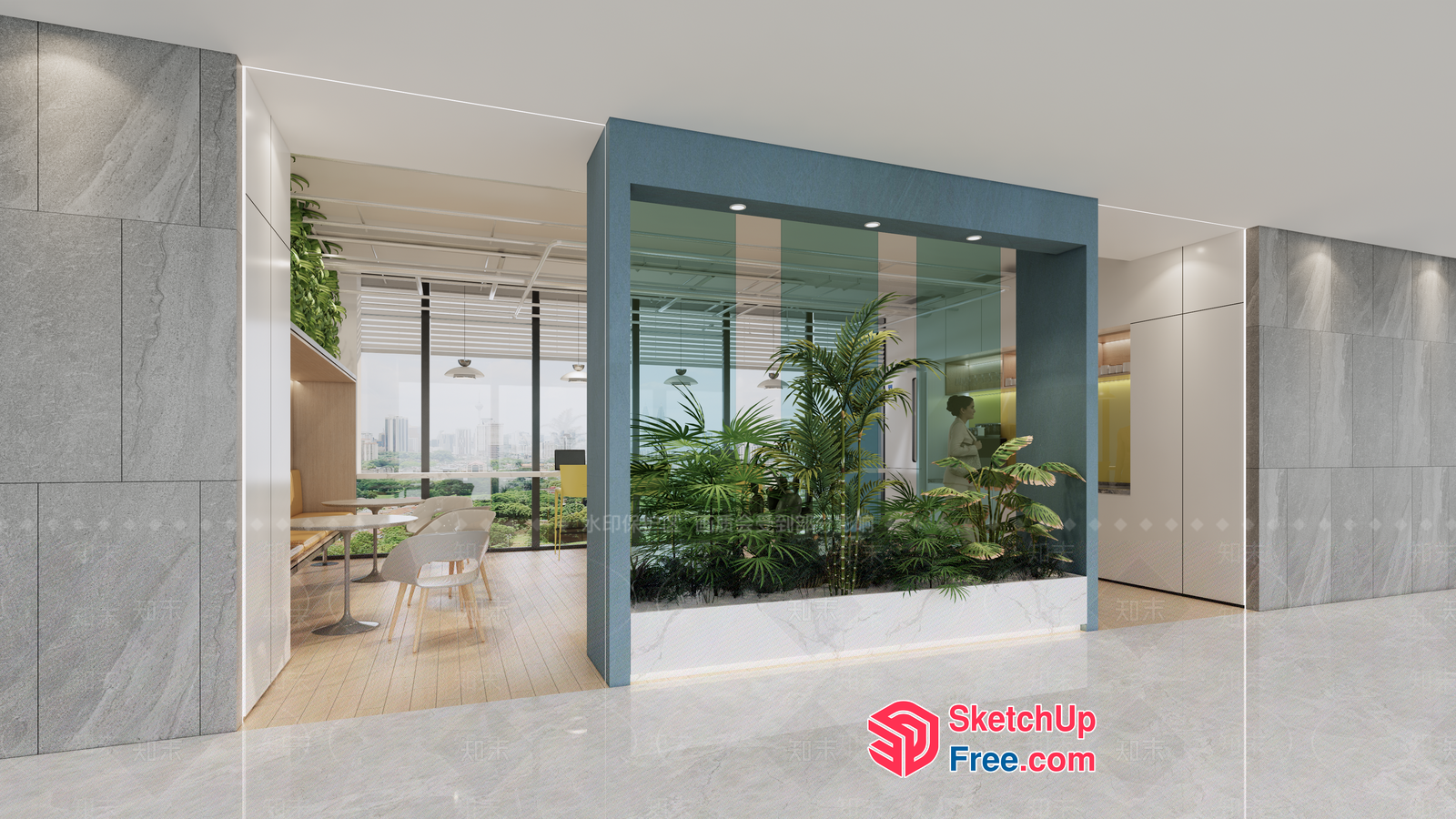 Modern Office Space With Glass Curtain Wall And Greenery 3D SketchUp File
