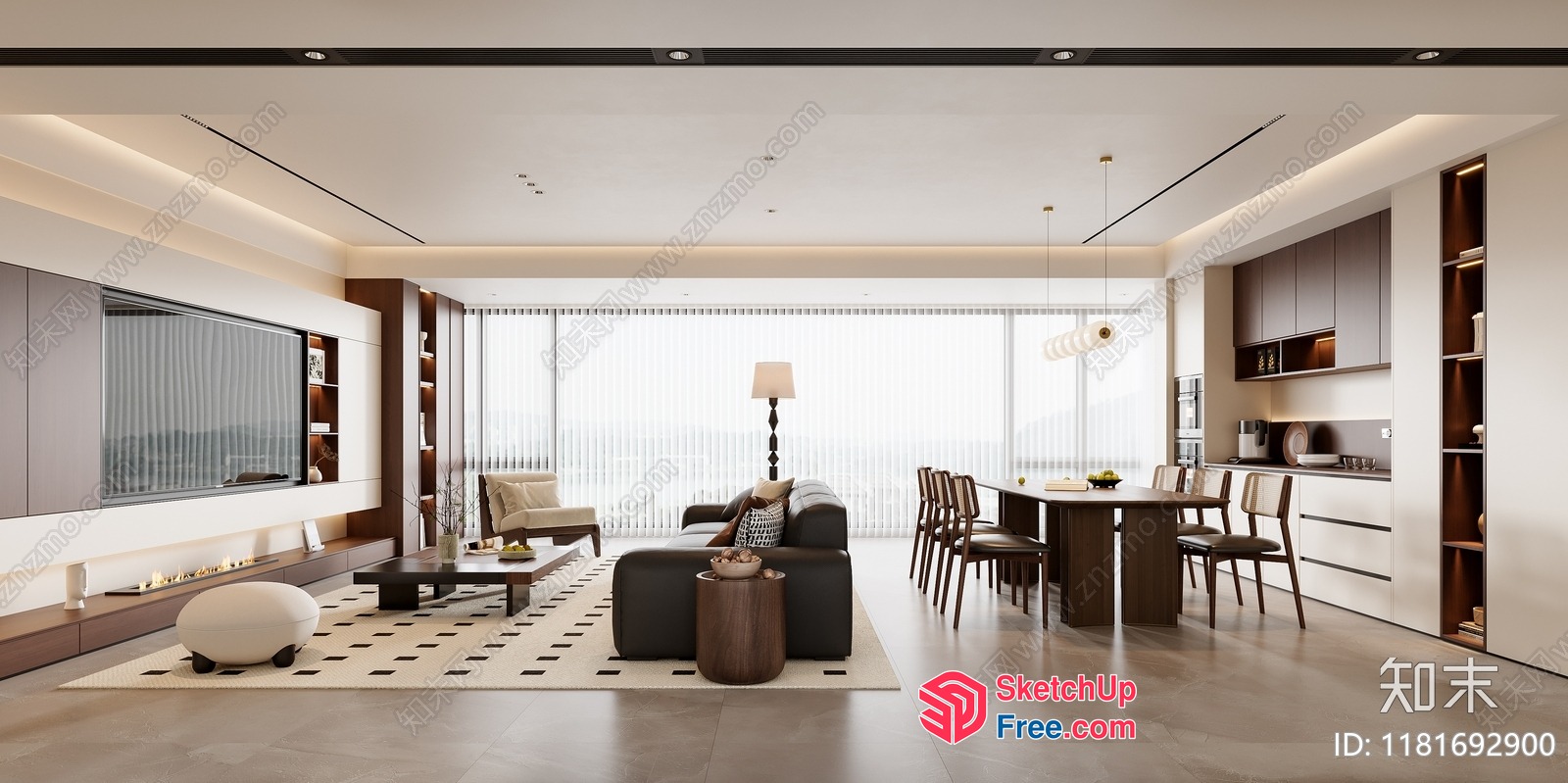 Modern Minimalist Living Room With Dining Area 3D SketchUp File