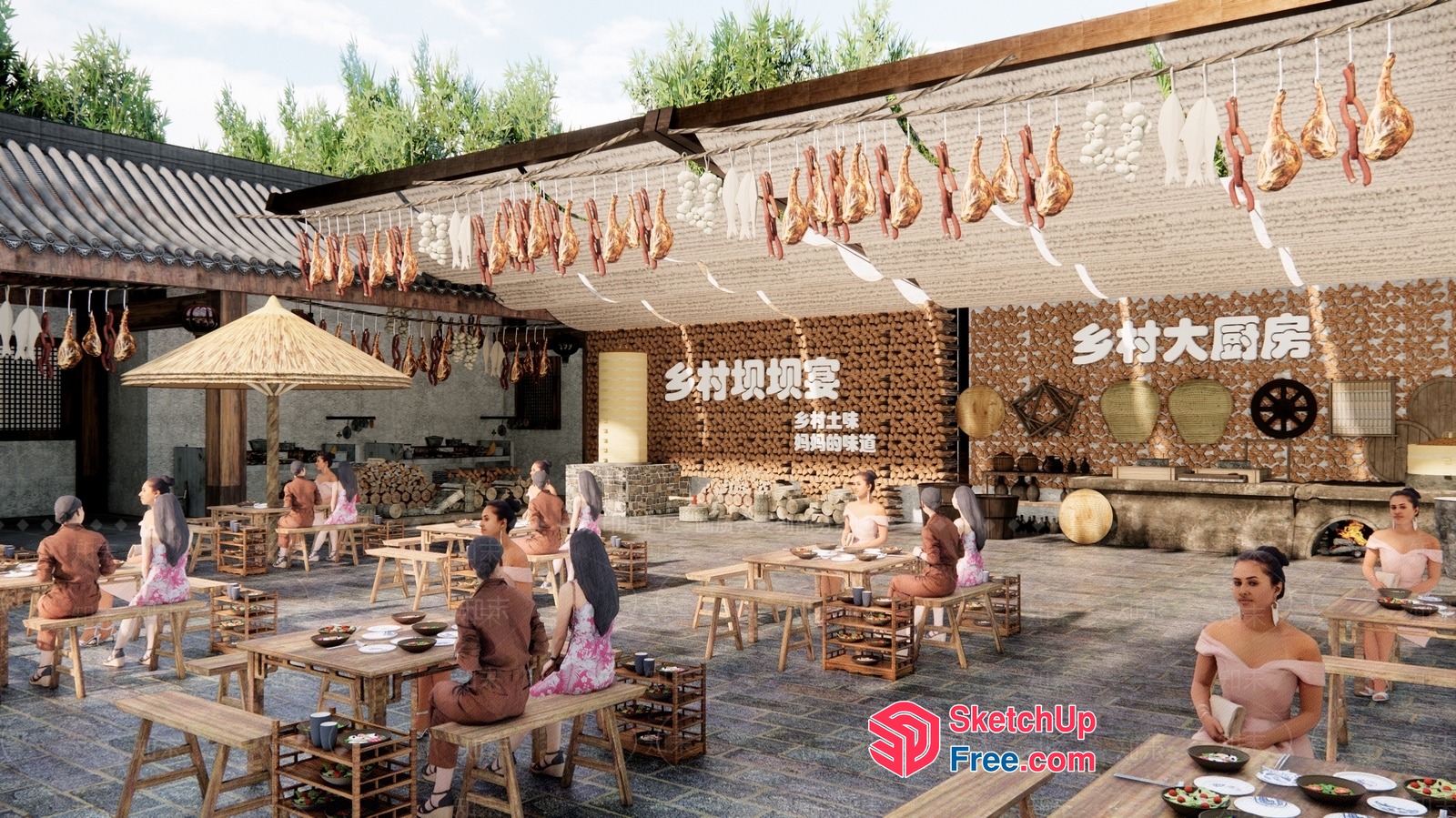 Asian-Style Outdoor Dining Area With Traditional Decor 3D SketchUp File