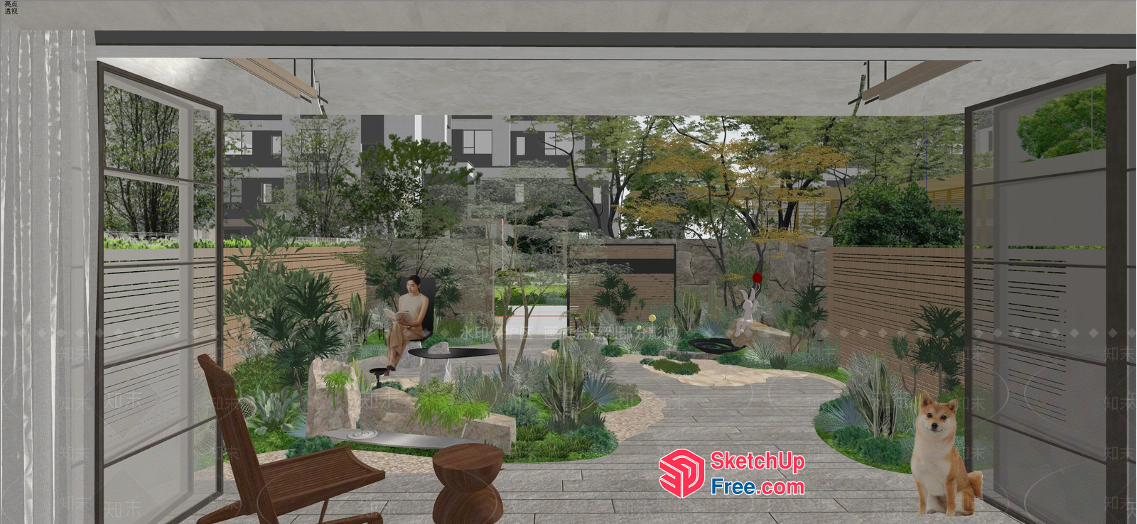 Modern Garden Room With Dog And Human 3D SketchUp File
