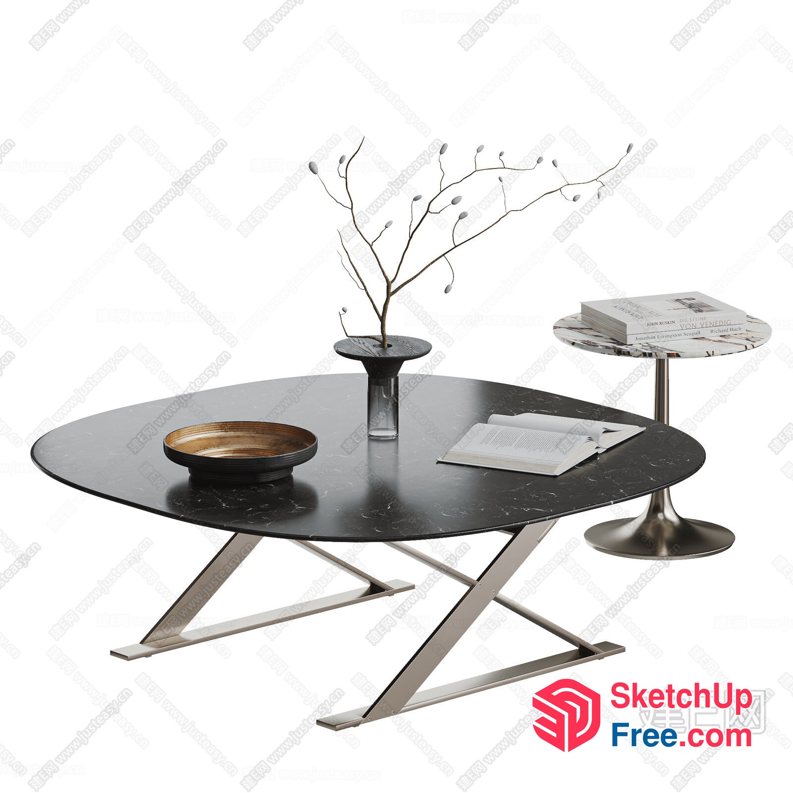 Oval Coffee Table With Modern Metal Base And Decorative Items 3D SketchUp File