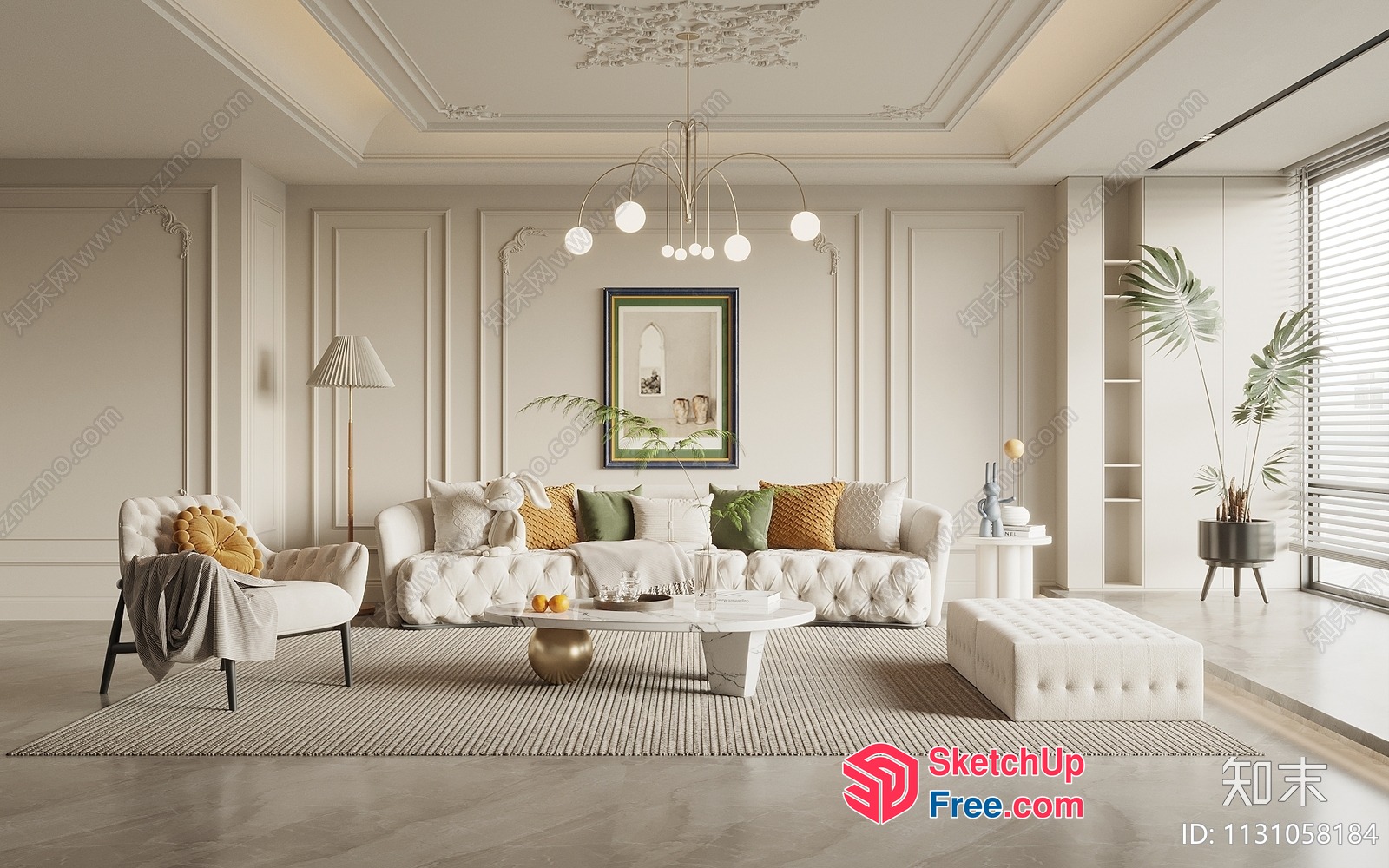 Elegant Living Room With White Furniture And Greenery 3D SketchUp File