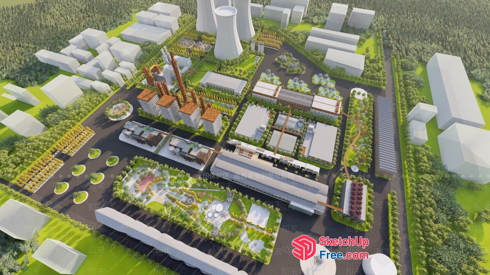Industrial Park With Modern Factory And Green Spaces 3D SketchUp File