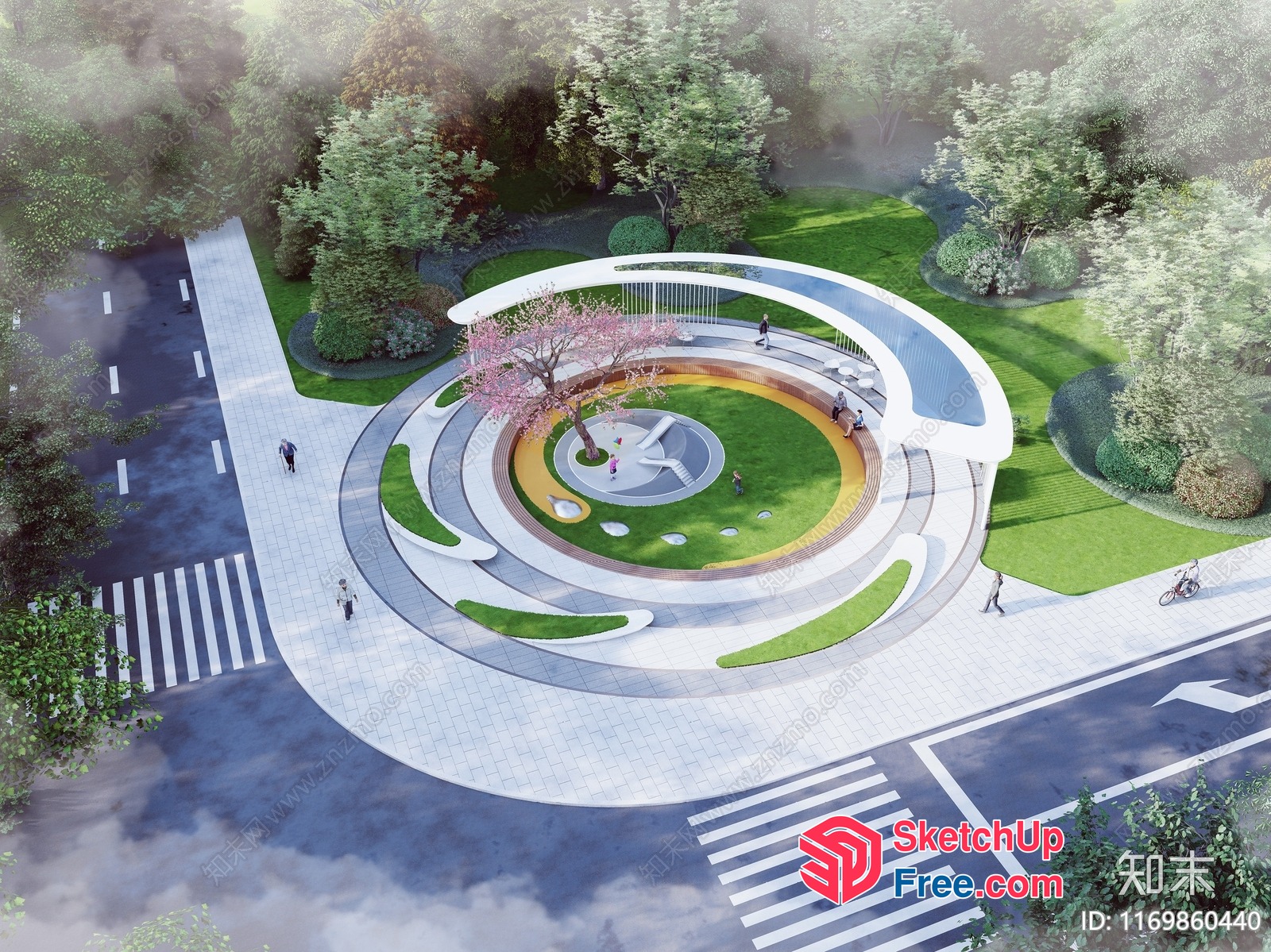 Circular Park With A Central Fountain And Walking Path 3D SketchUp File