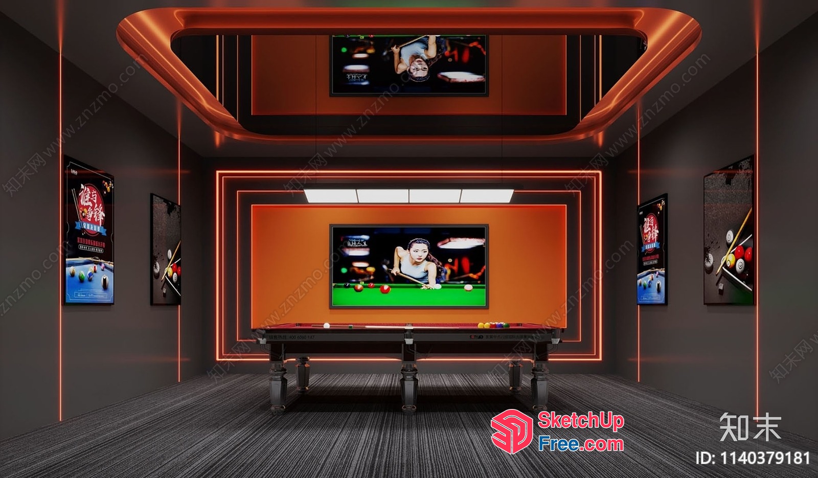 Modern Billiards Room Interior With Billiard Table And Tv 3D SketchUp File
