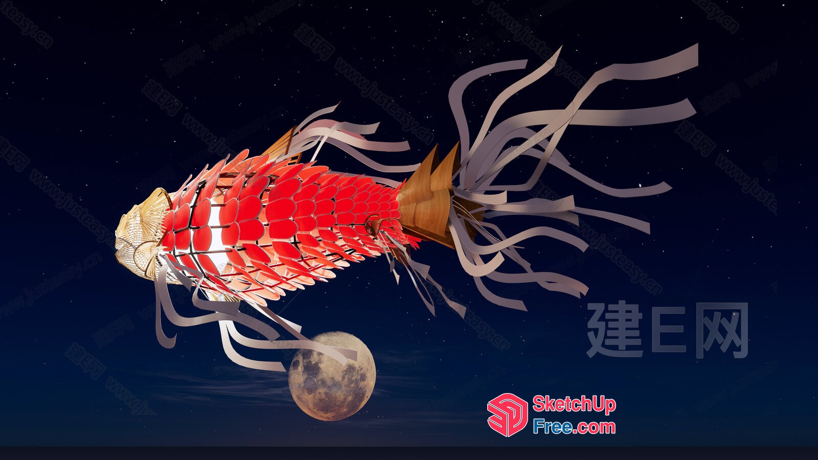 Elegant Ornate Red Fish Decoration In Space 3D SketchUp File
