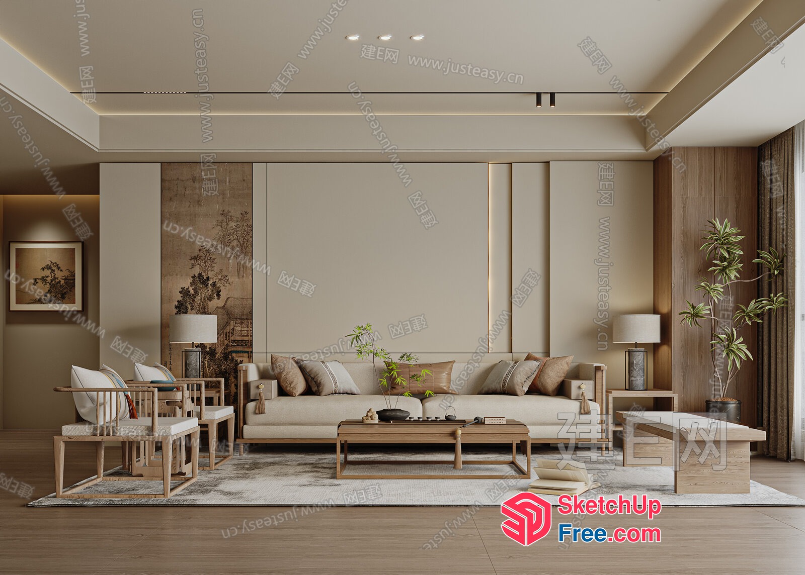 Modern Minimalist Living Room With Natural Wood Accents 3D SketchUp File