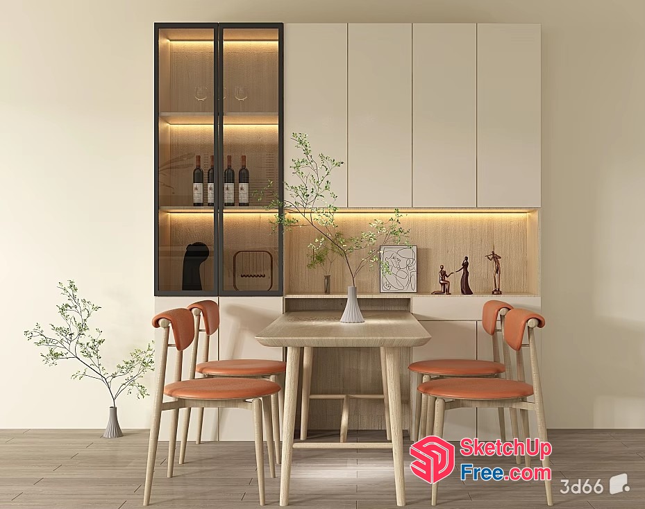 Modern Minimalist Dining Room With Wine Cabinet And Bar Counter 3D SketchUp File
