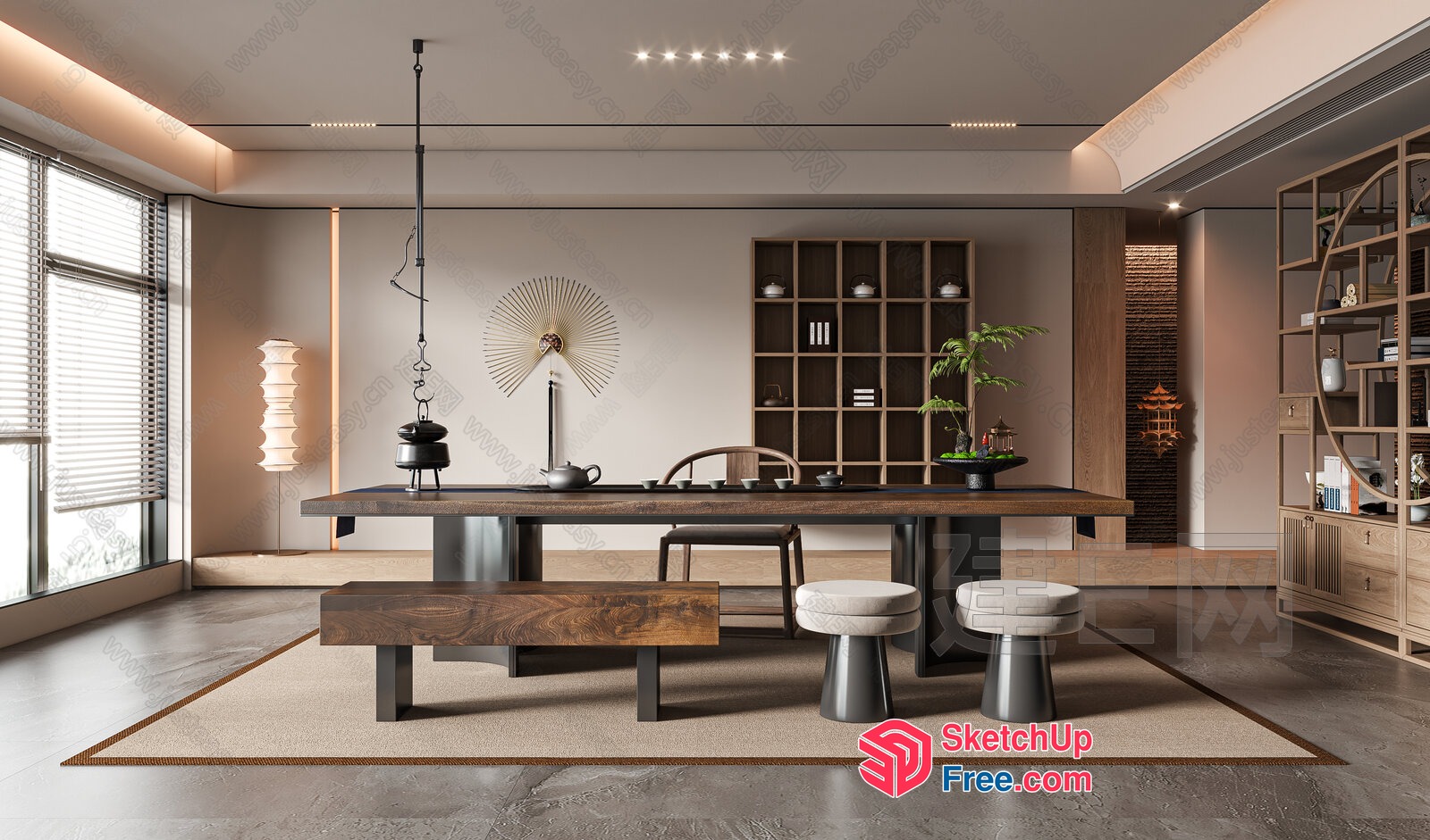Modern Japanese-Style Dining Room With Wooden Table And Bench 3D SketchUp File