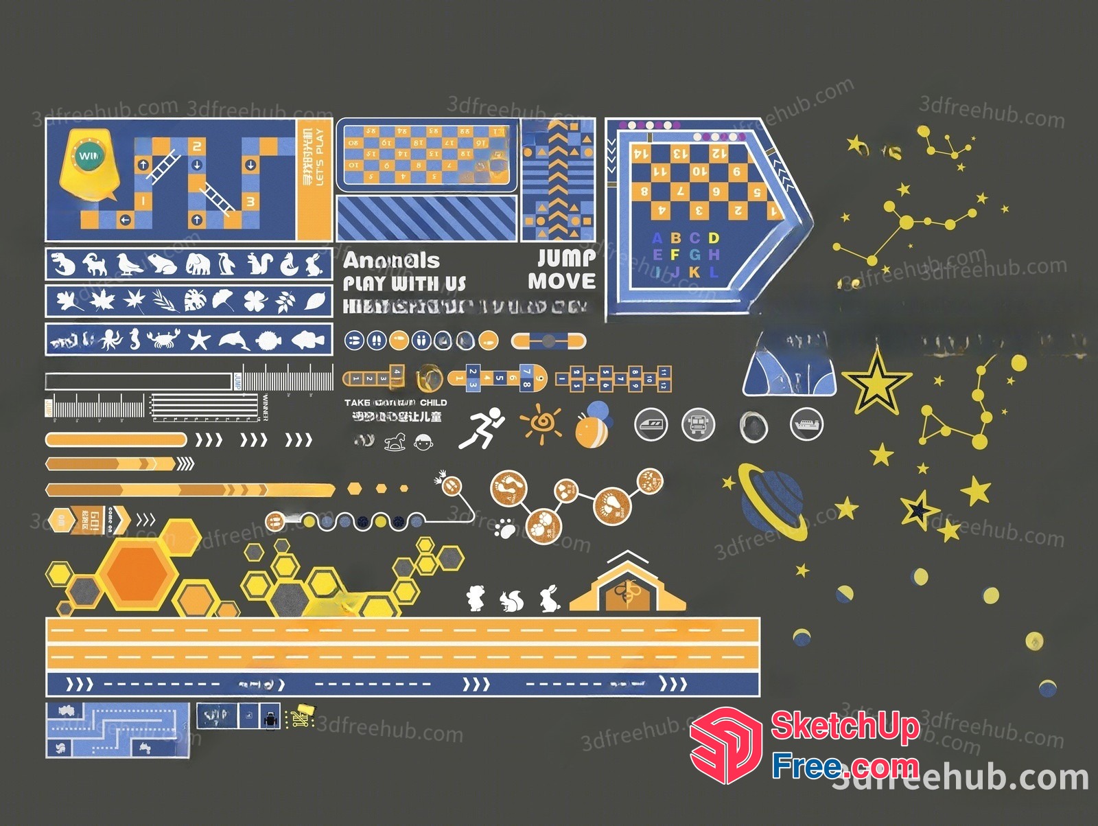 Vibrant Blue And Yellow Decorative Elements 3D SketchUp File