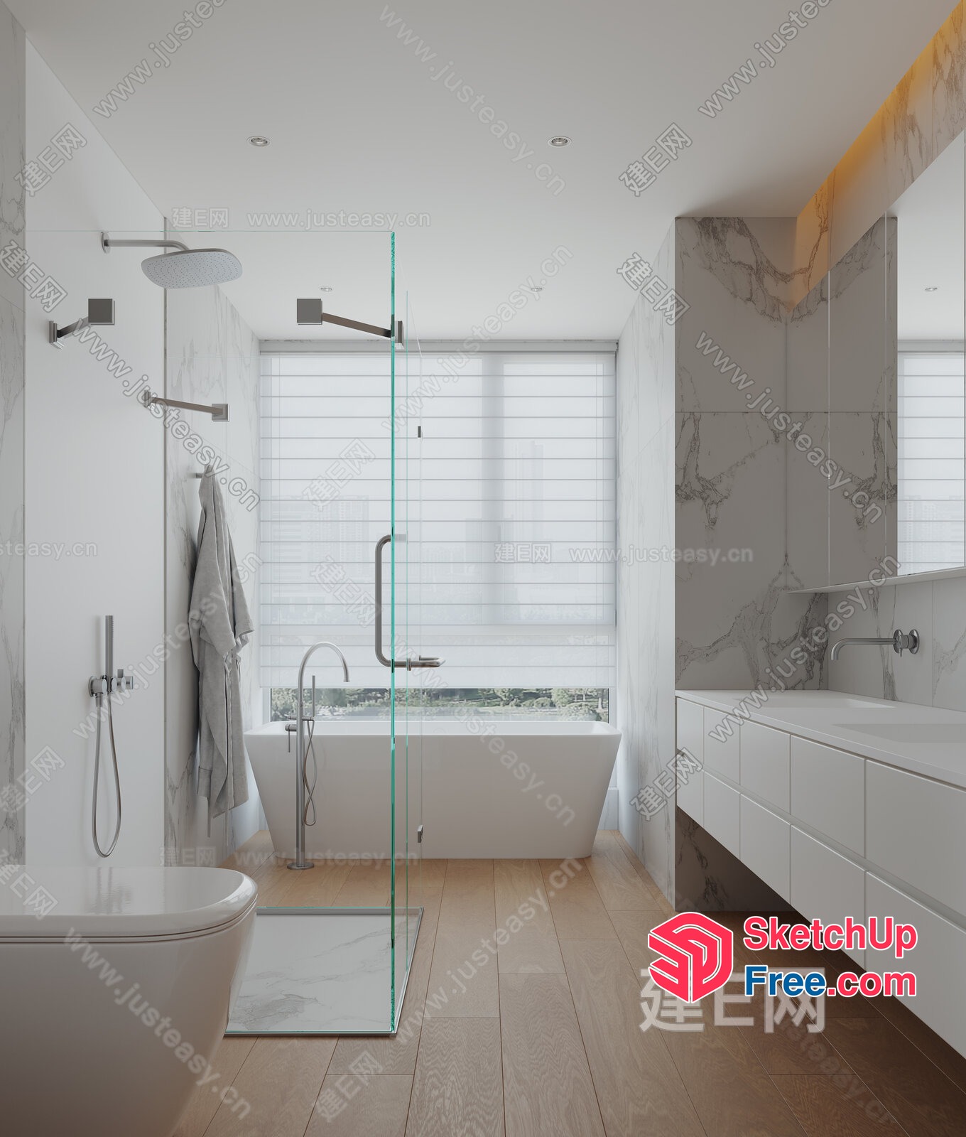Minimalist Bathroom With Glass Shower Door And White Tub 3D SketchUp File