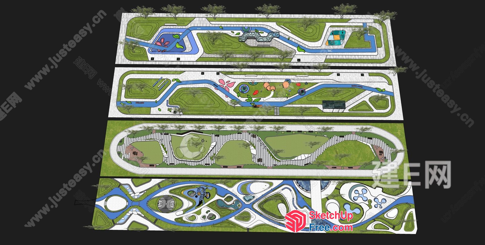 Modern Park Design With Serpentine Paths And Water Features 3D SketchUp File