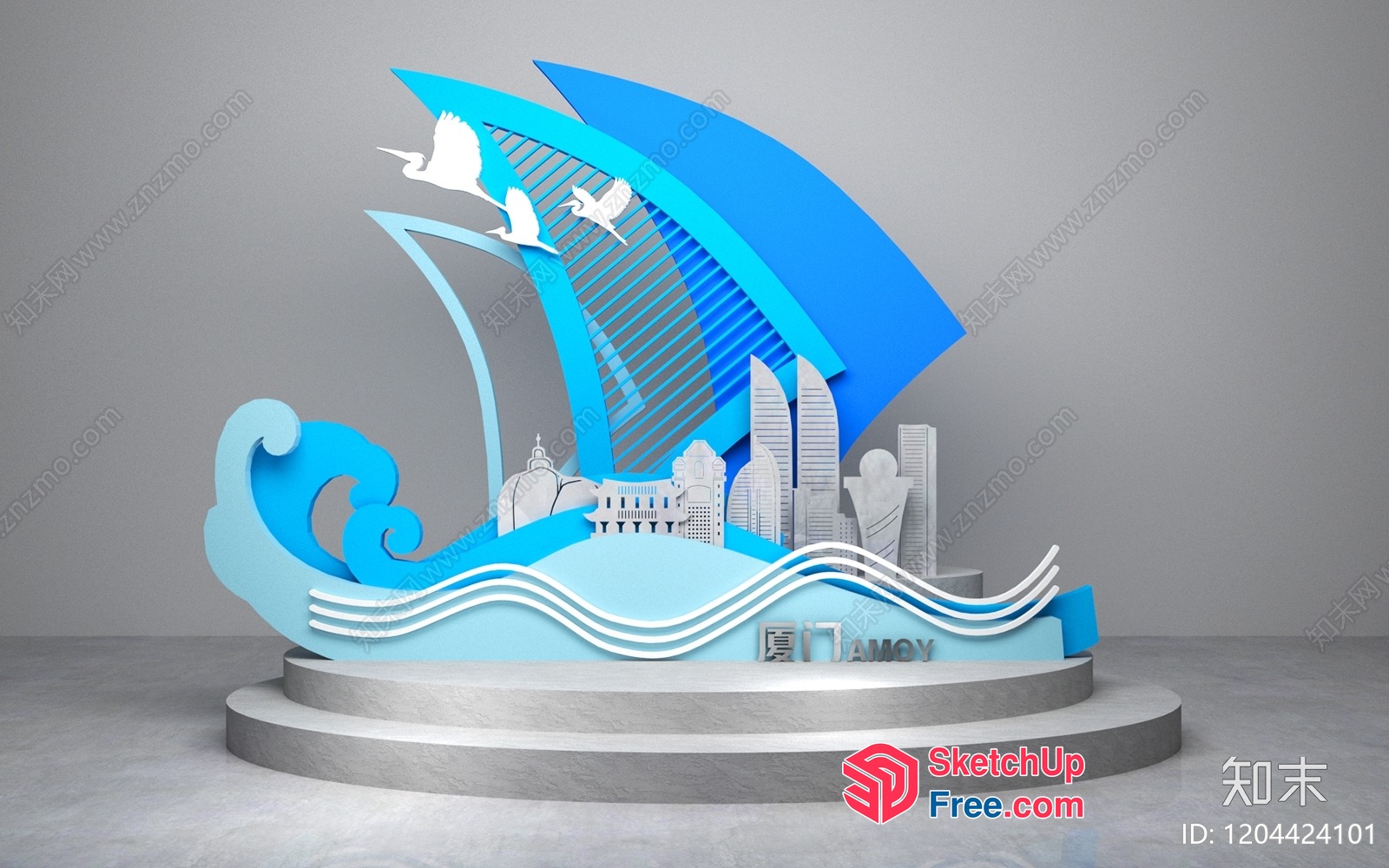 Modern Blue And White Cityscape With Waves And Birds 3D SketchUp File