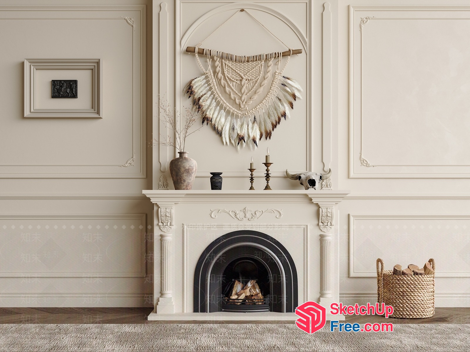 Elegant Fireplace Mantel With Macrame Wall Hanging 3D SketchUp File