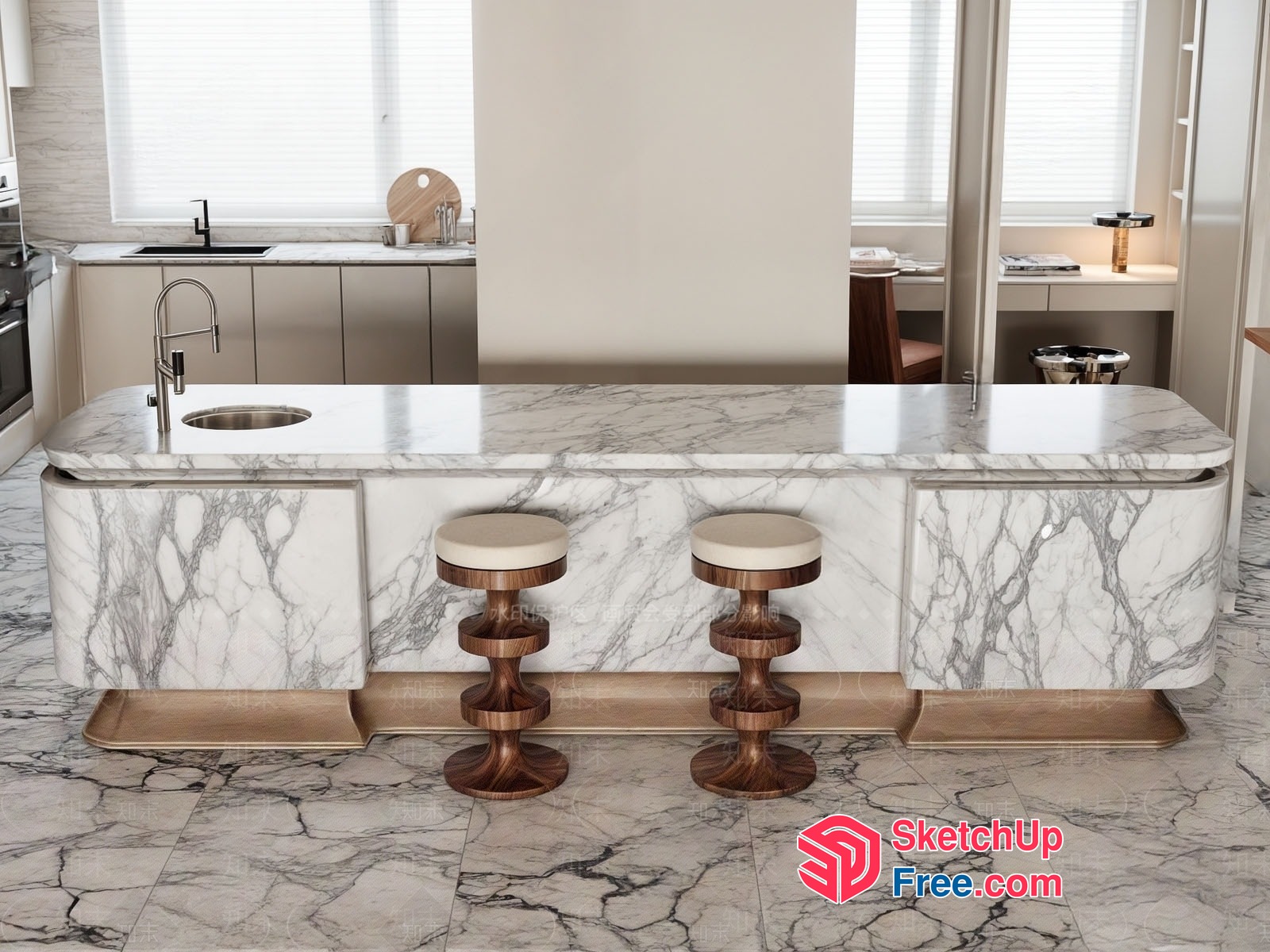 Modern Kitchen Island With Marble Countertops And Stools 3D SketchUp File