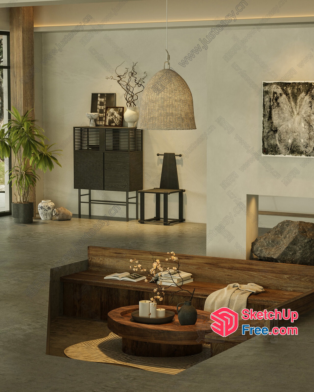 Modern Japanese Style Living Room With Natural Materials 3D SketchUp File