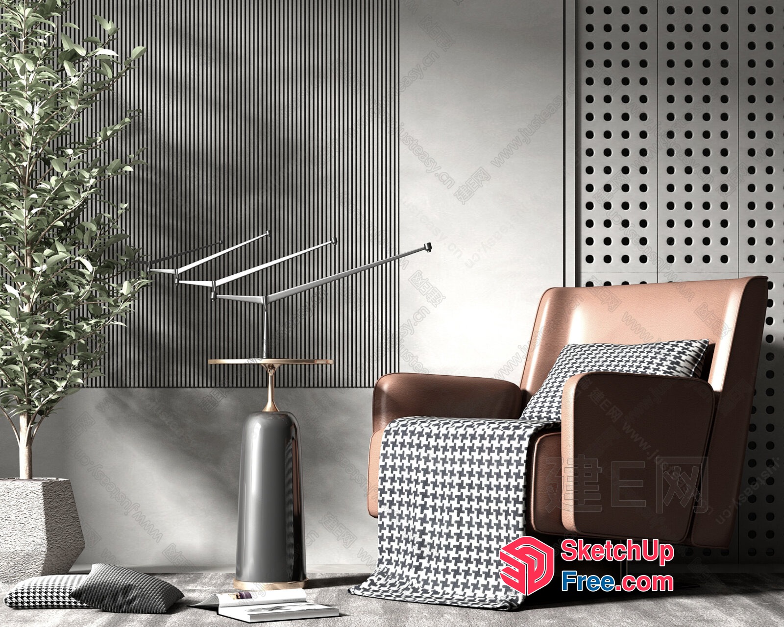 Modern Brown Leather Armchair In A Contemporary Room 3D SketchUp File