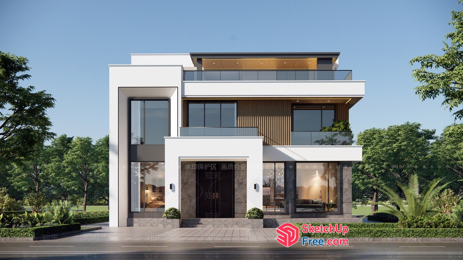 Modern Villa With Elegant Balcony And Glass Curtain Wall 3D SketchUp File
