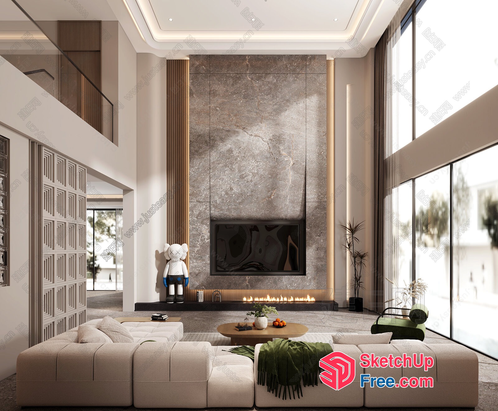 Modern Living Room With High Ceiling And Fireplace 3D SketchUp File