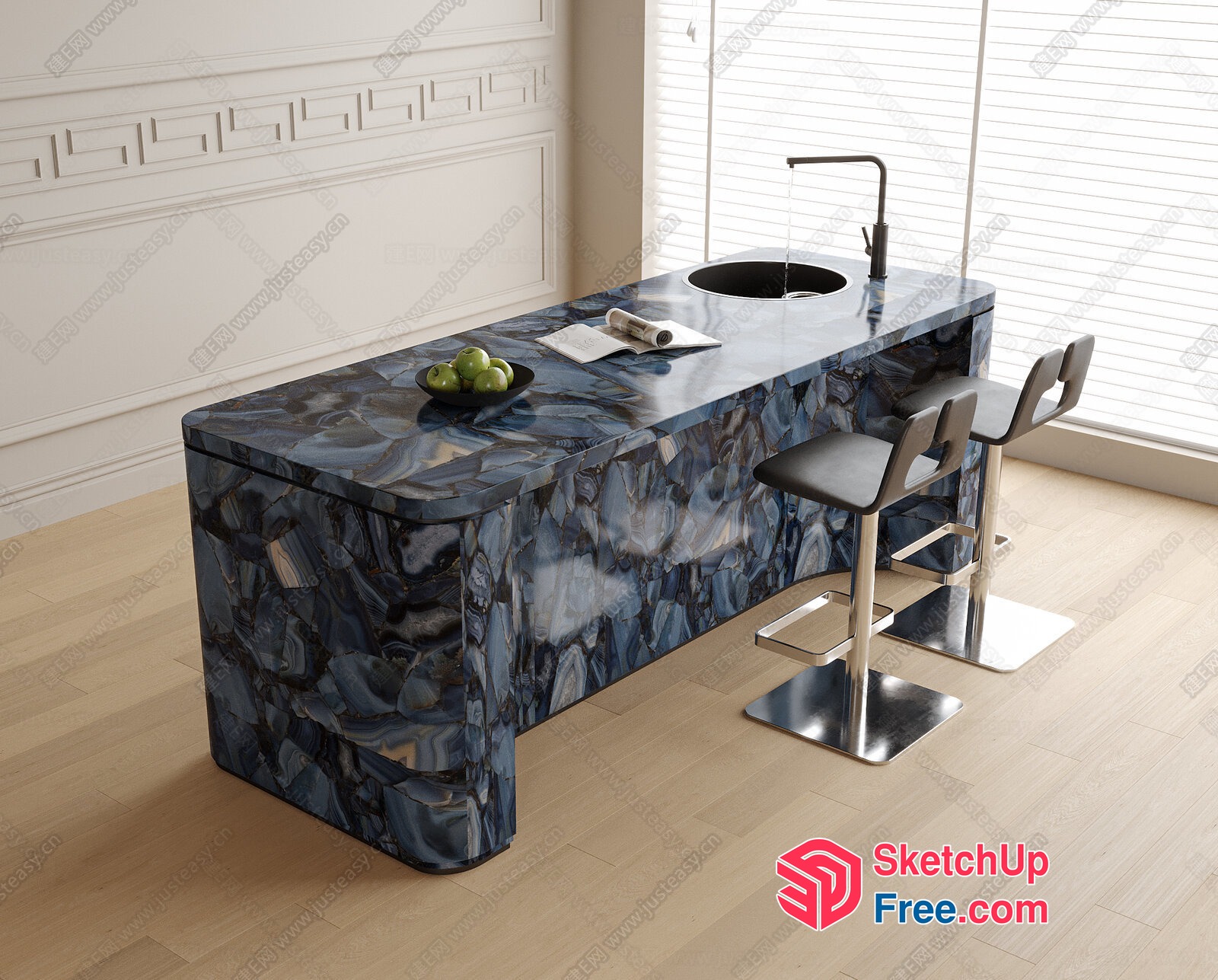 Modern Marble Kitchen Island With Sink And Stools 3D SketchUp File