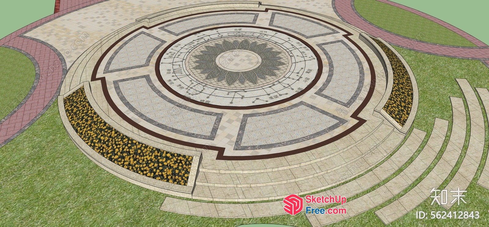 Circular Stone Design With Central Flower Pattern 3D SketchUp File