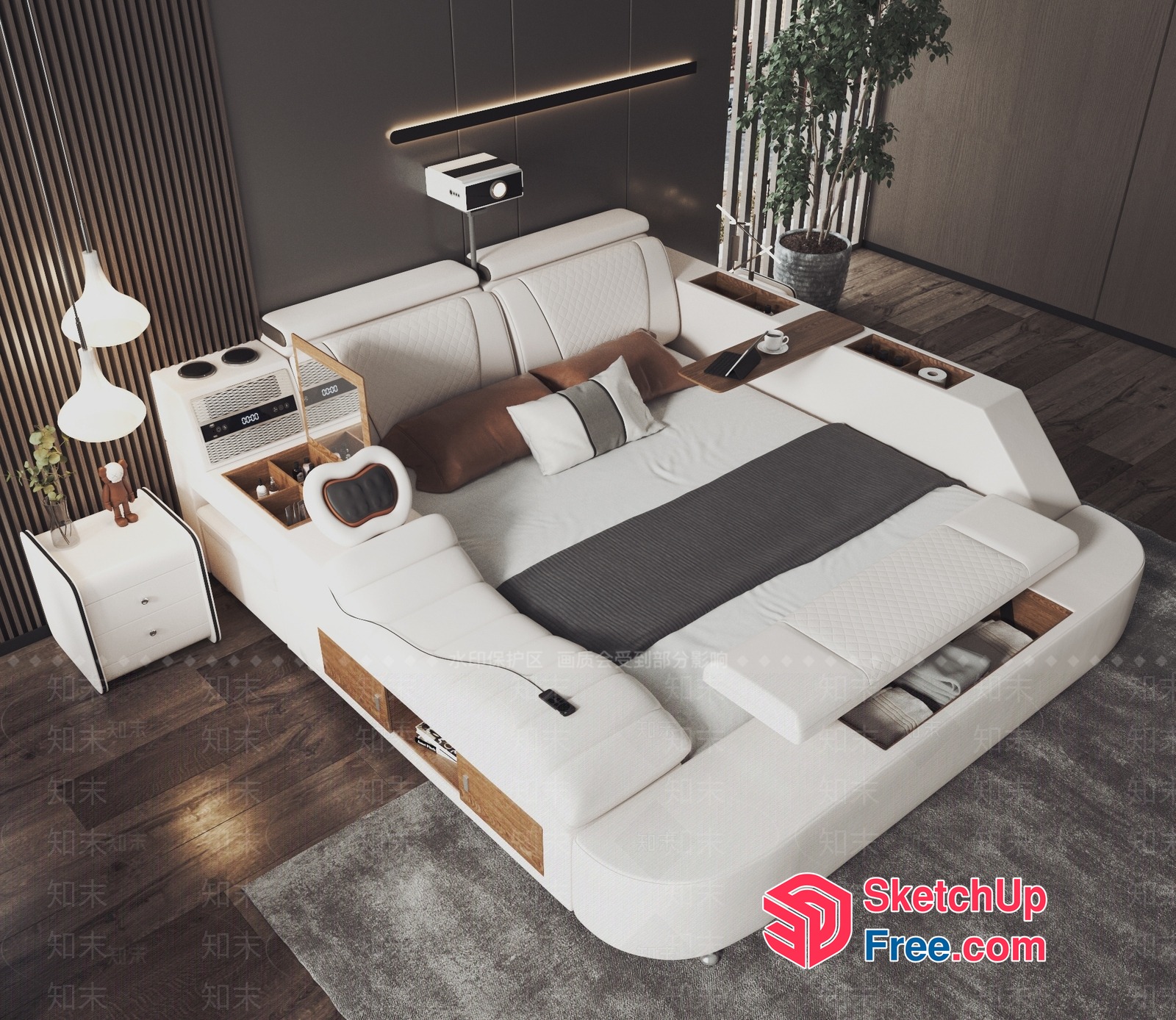 Luxurious Modern White Bed With Built-In Nightstands And Storage 3D SketchUp File