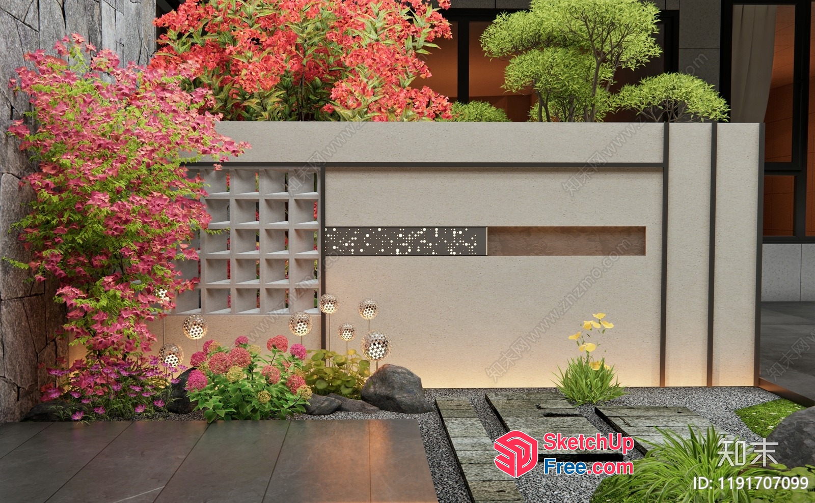 Modern Japanese-Inspired Garden With Elegant Stone Path And Beautiful Flowers 3D SketchUp File