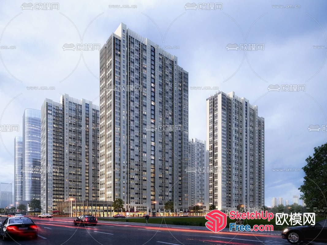 Tall Buildings Alongside Roadway 3D SketchUp File
