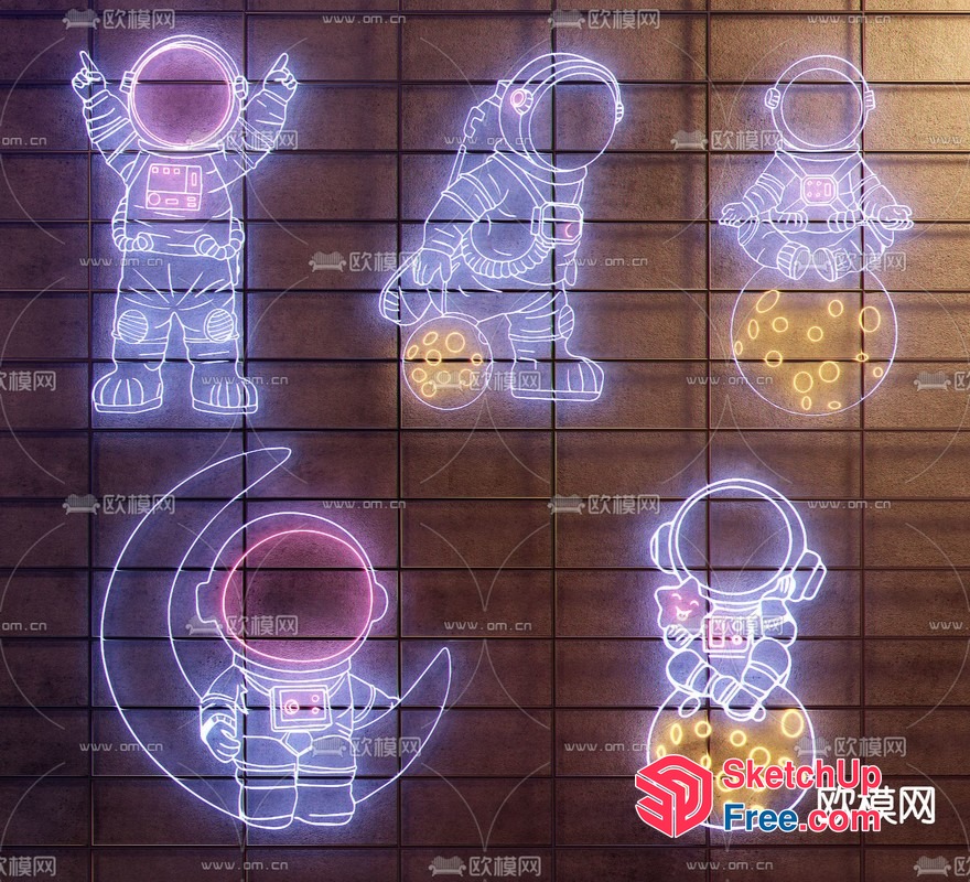 Astronauts In Neon-Lit Space Suits On A Brown Wall 3D SketchUp File