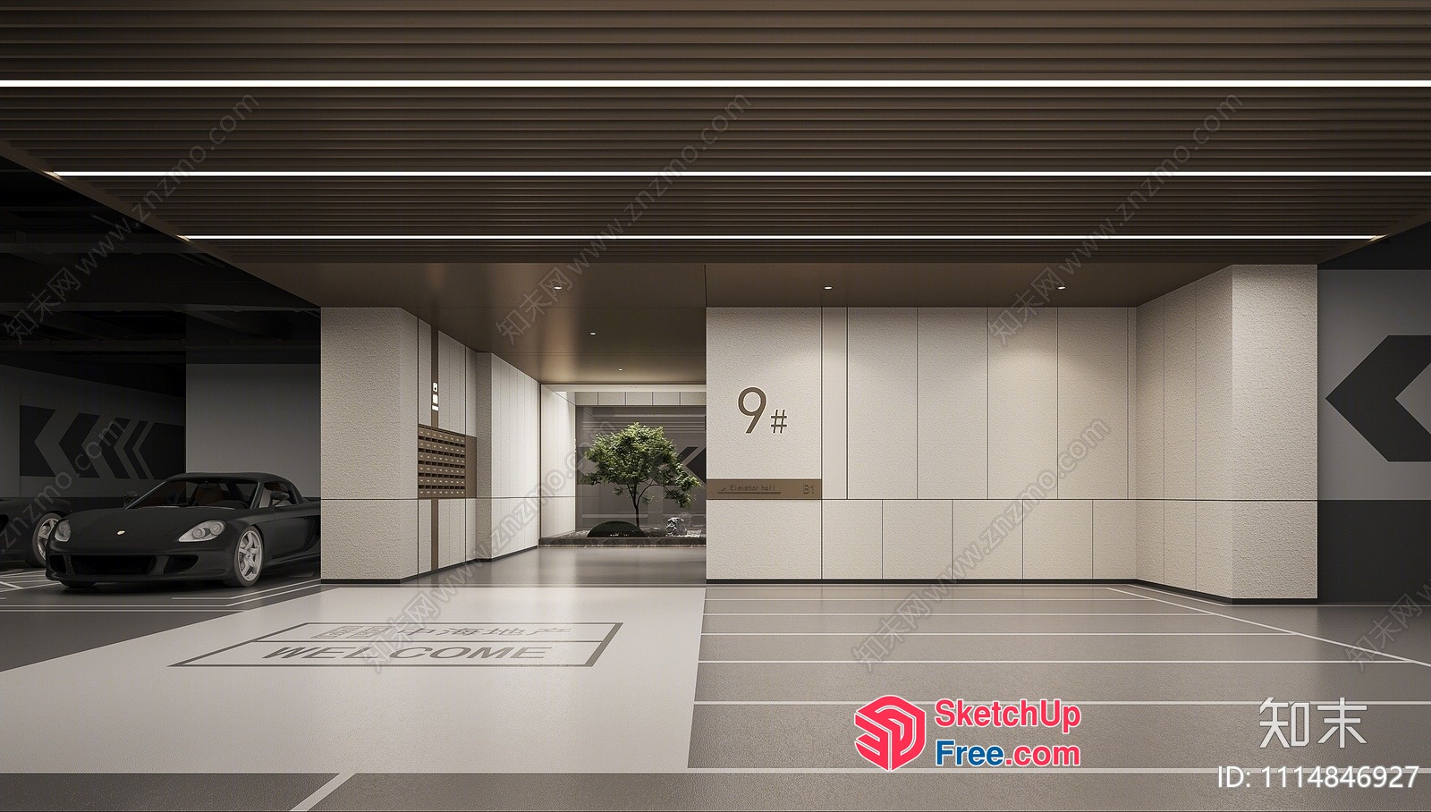 Modern Garage With Sleek Black Car And Welcome Mat 3D SketchUp File