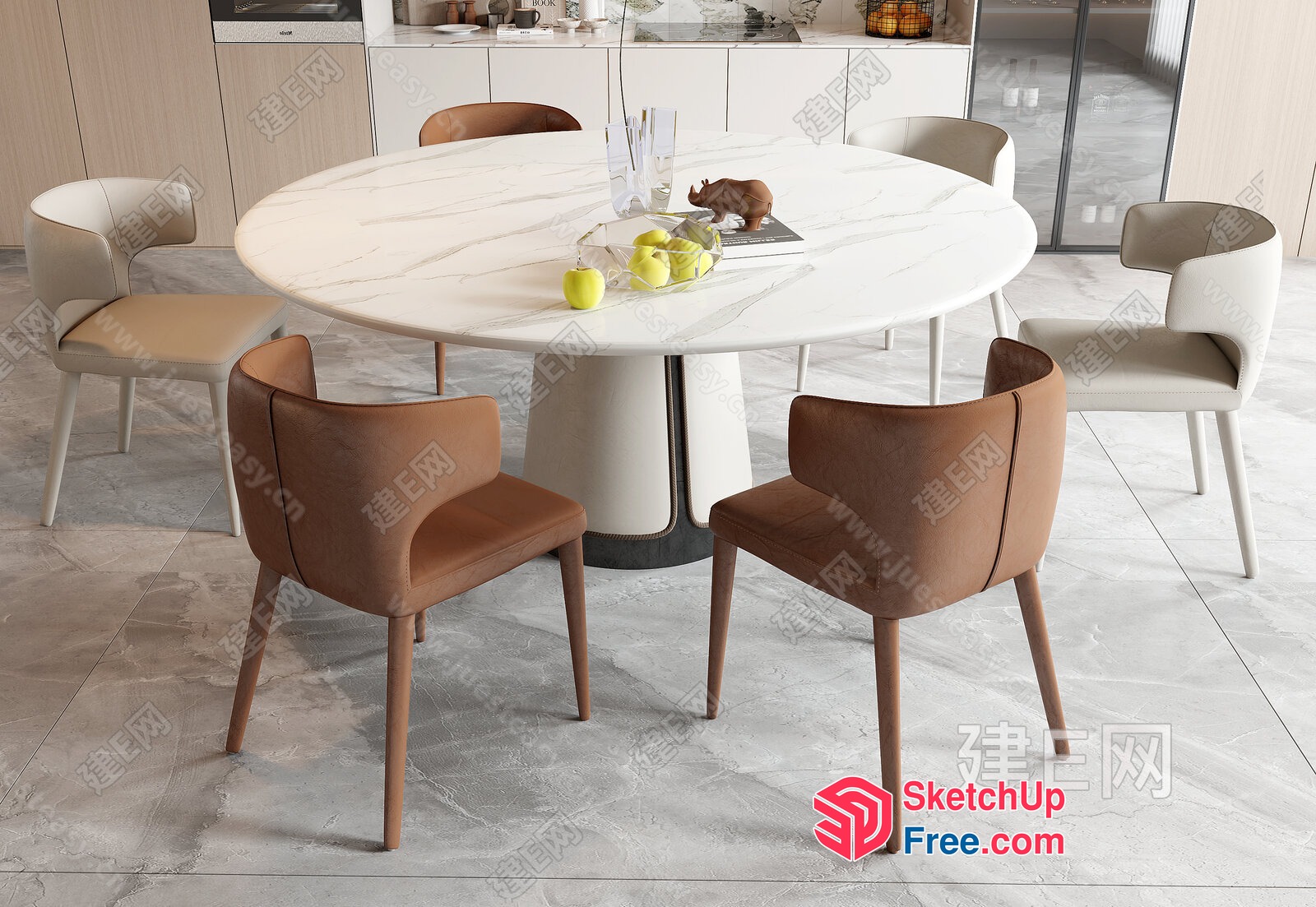 Elegant Round Table With Leather And Wood Chairs 3D SketchUp File