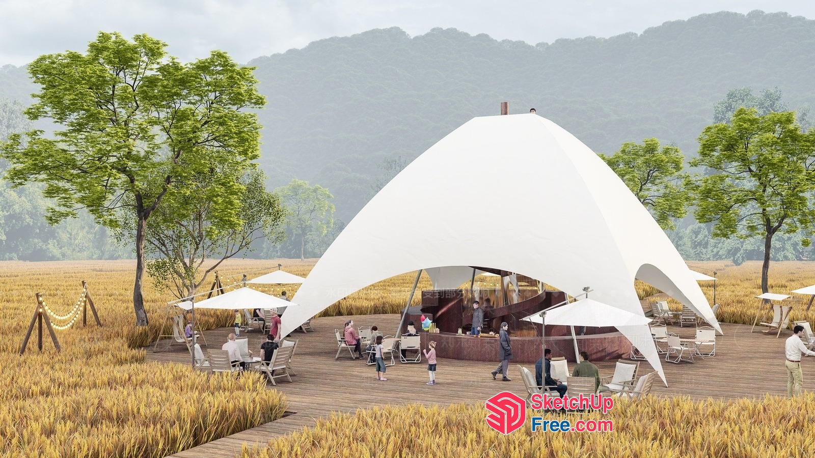 Outdoor Cafe With Unique White Canopy Design 3D SketchUp File