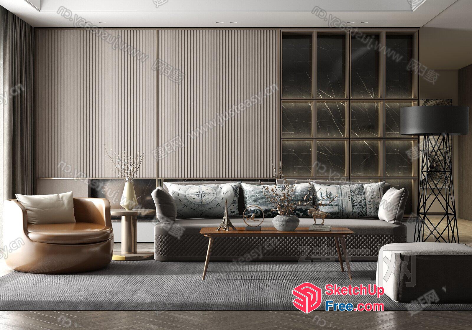 Modern Living Room With Gray Sofa And Wooden Coffee Table 3D SketchUp File