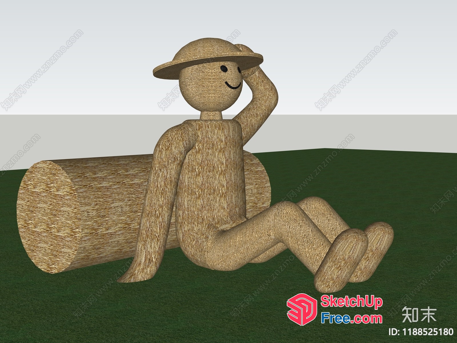 3D Wooden Stick Man Sitting On Grass 3D SketchUp File