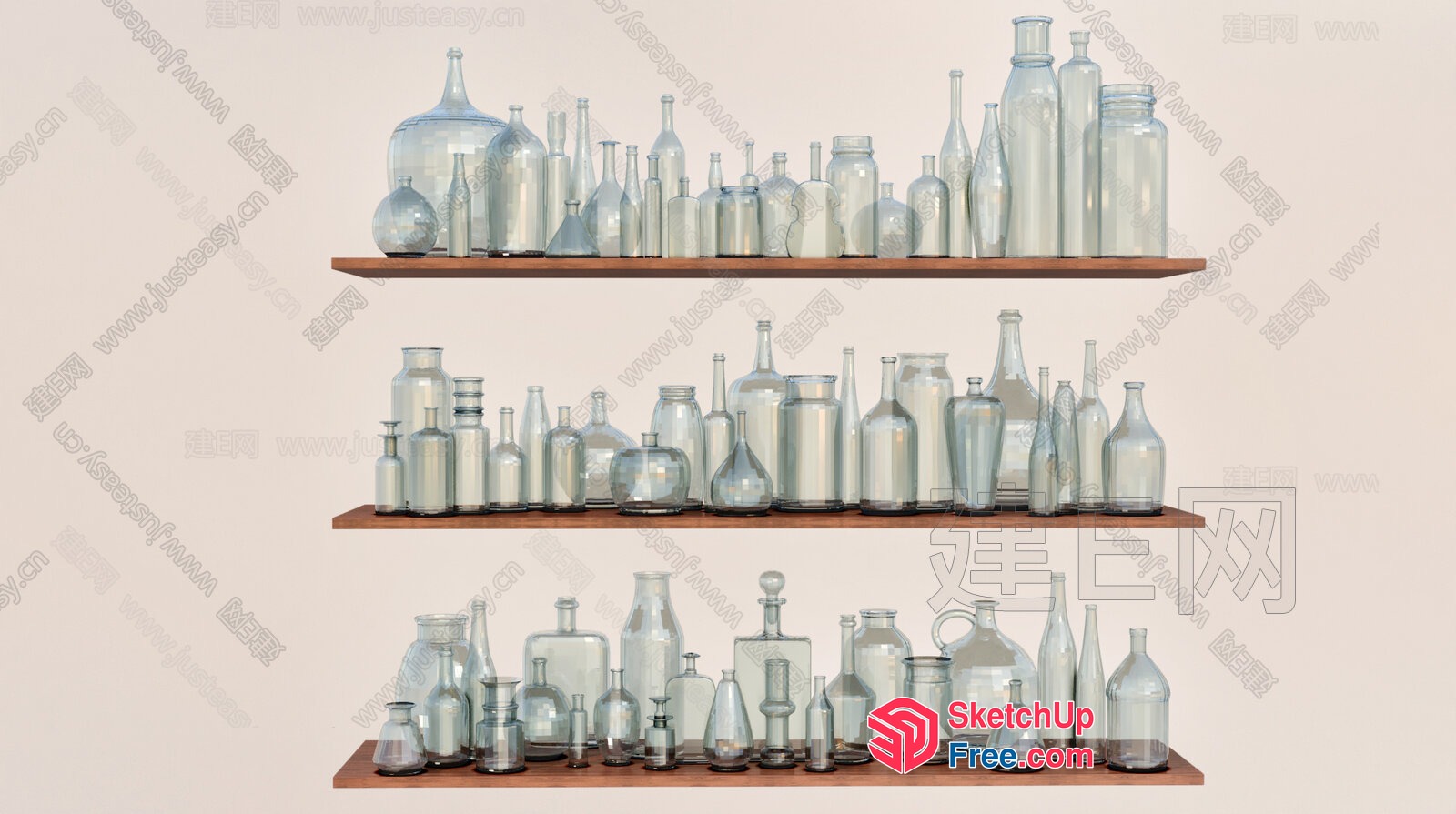 Glass Bottles And Jars On Wooden Shelves 3D SketchUp File