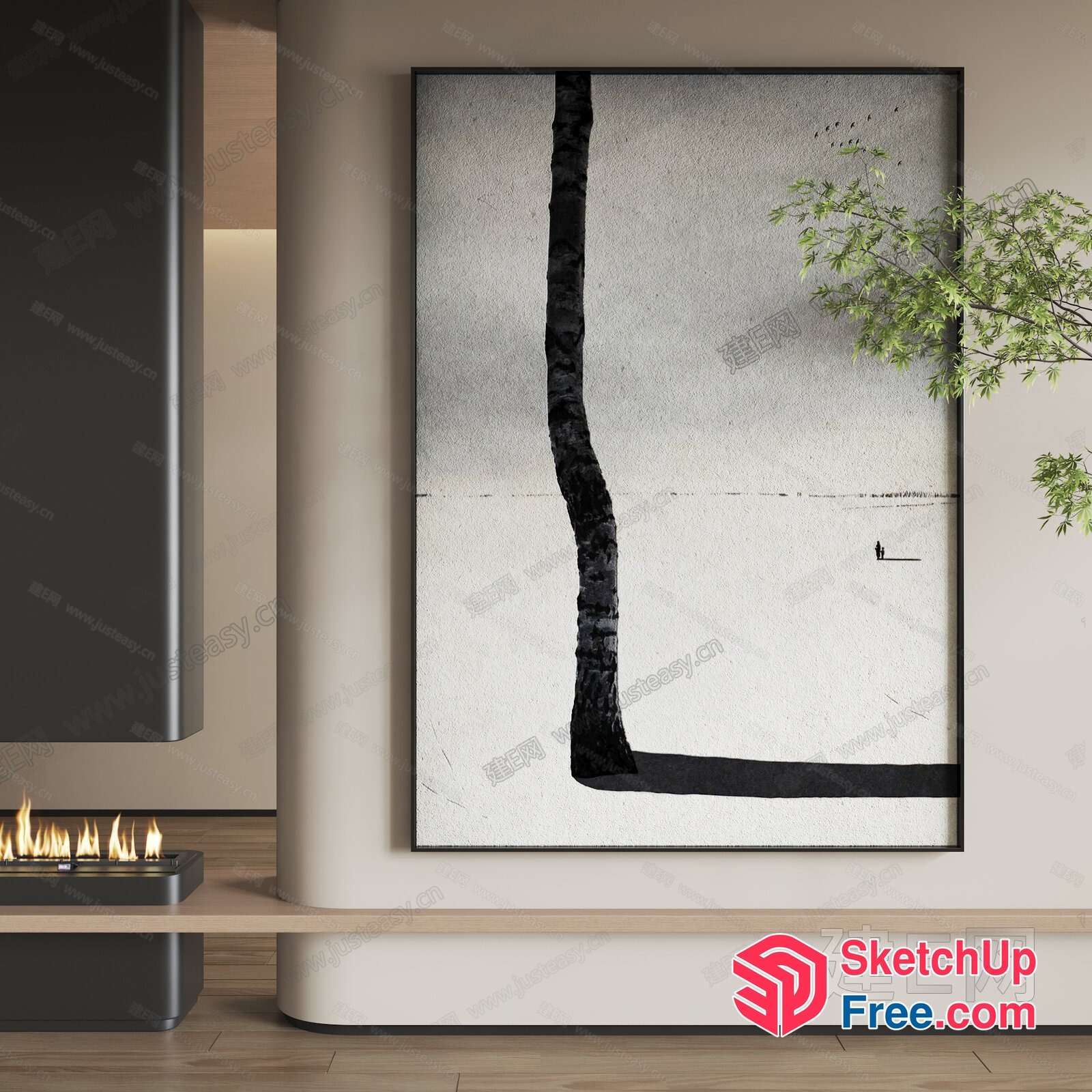 Minimalist Japanese Style Living Room With Fireplace And Modern Art 3D SketchUp File