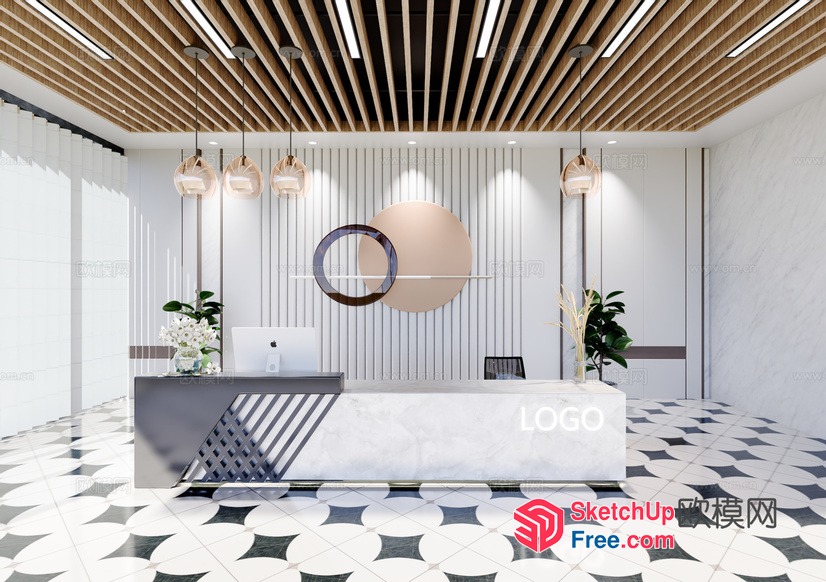 Modern Office Reception Area With Marble Desk 3D SketchUp File