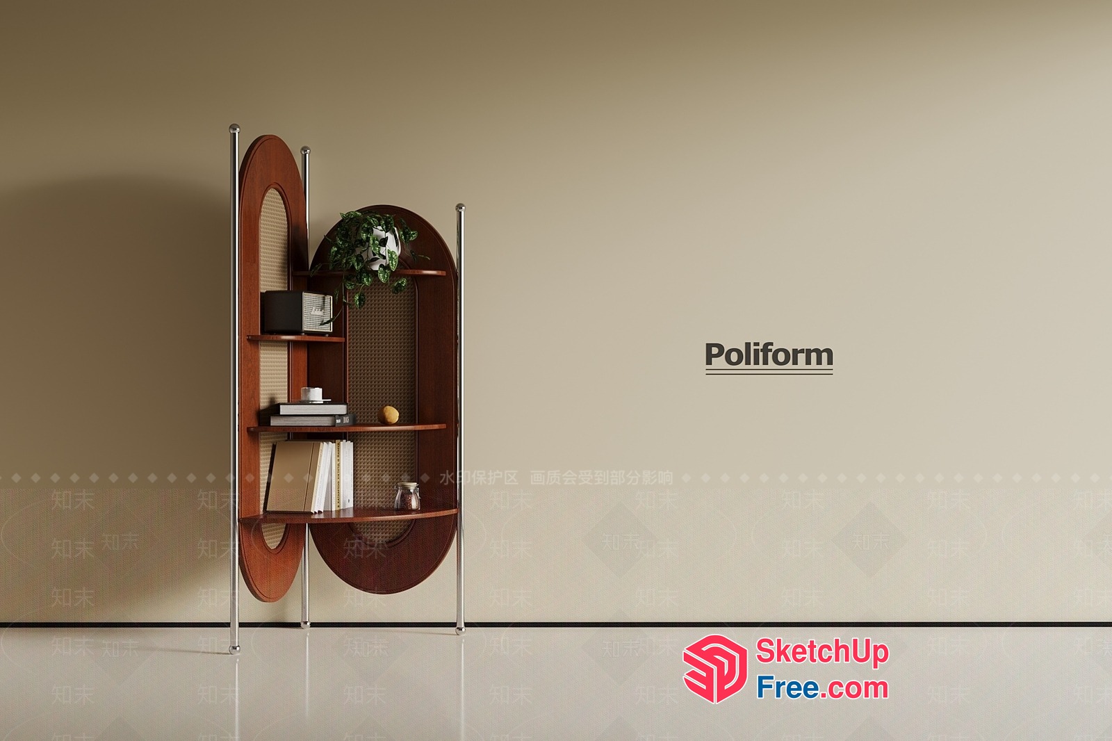 Poliform Shelving Unit With Ornate Wood And Metal Details 3D SketchUp File