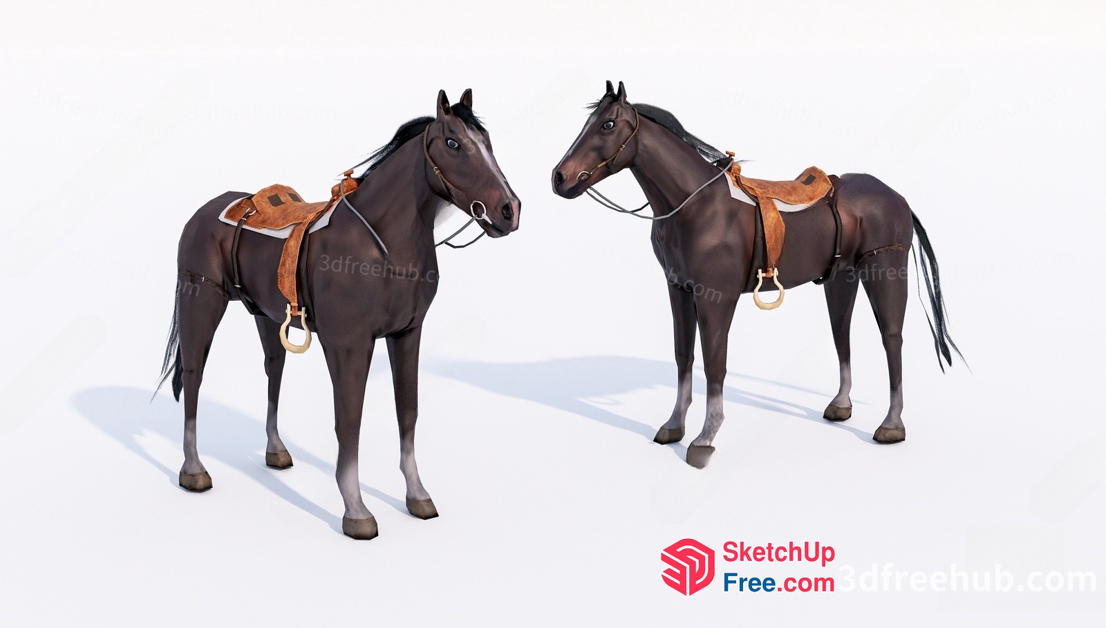 Two Brown Horses With Saddles 3D SketchUp File