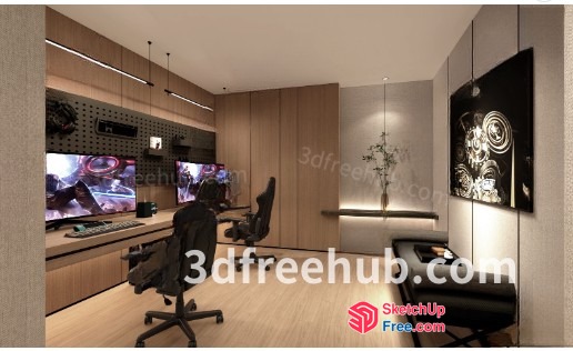 Modern Office Room With Wooden Decor And Desk 3D SketchUp File