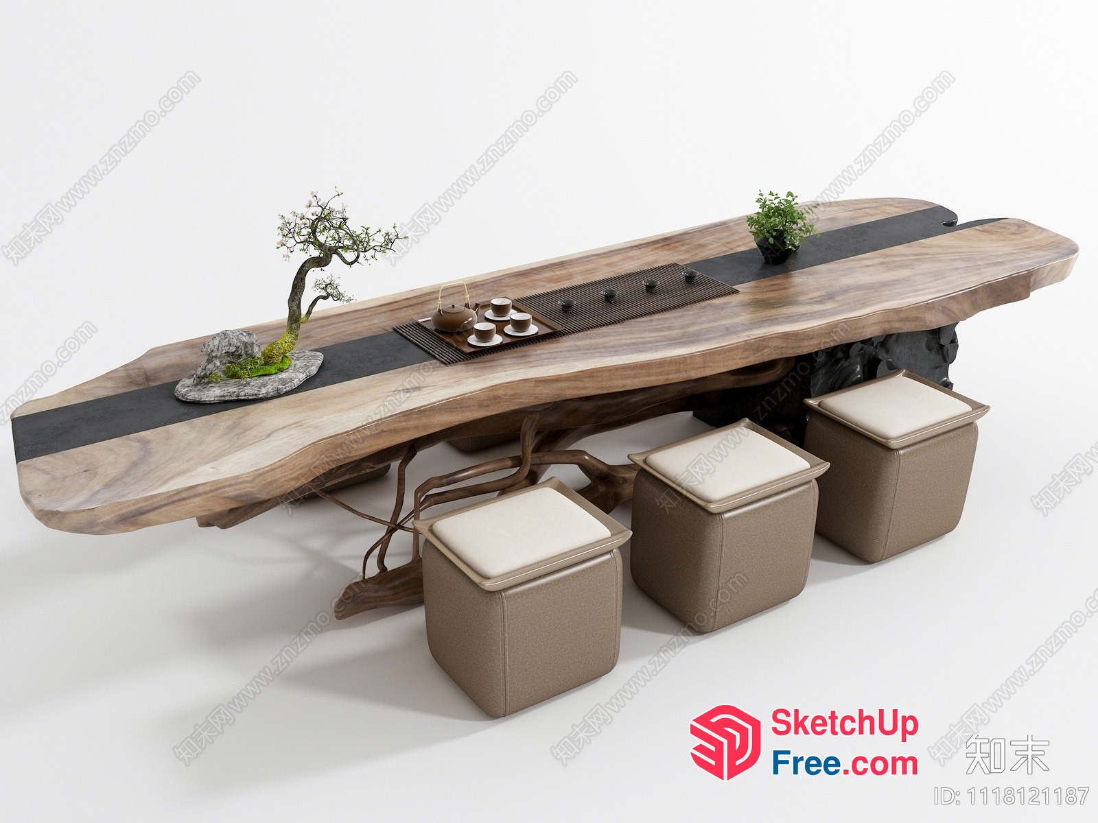 Elegant Japanese-Style Tea Table With Ornate Stools 3D SketchUp File